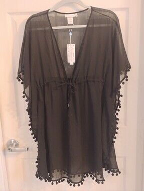 Bleu Rod Beattie Black Sheer Cover-up Caftan Plunge Neckline & Pompom Trim